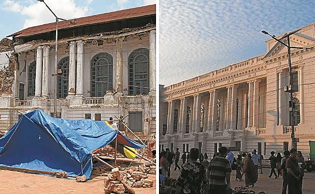 Katmandú. El antiguo Palacio Real, aunque no sufrió tantos daños (imagen de la izquierda), ya está reparado, como se aprecia en la imagen de abajo, pero queda por reparar el anexo que tiene a la derecha, reconstrucción que está apoyada por el gobierno de China. 