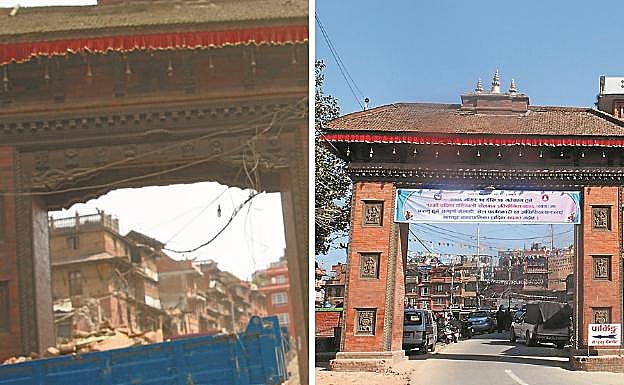 Bhaktapur. En la foto de la izquierda la puerta de entrada al sitio histórico de esta localidad, Patrimonio de la Humanidad de la Unesco desde 1979, tras el terremoto que devastó Nepal, retirando los escombros en estos pequeños caminos. En la foto de la derecha, la misma puerta ya reparada.