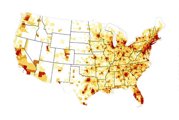 Densidad de población de Estados Unidos.