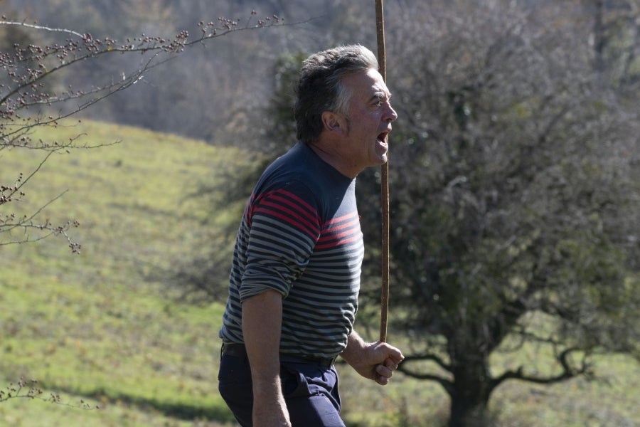 Asier Ruiz de Azua y Julen Mintegi conducen el rebaño de Etxezarreta por un hayedo. 