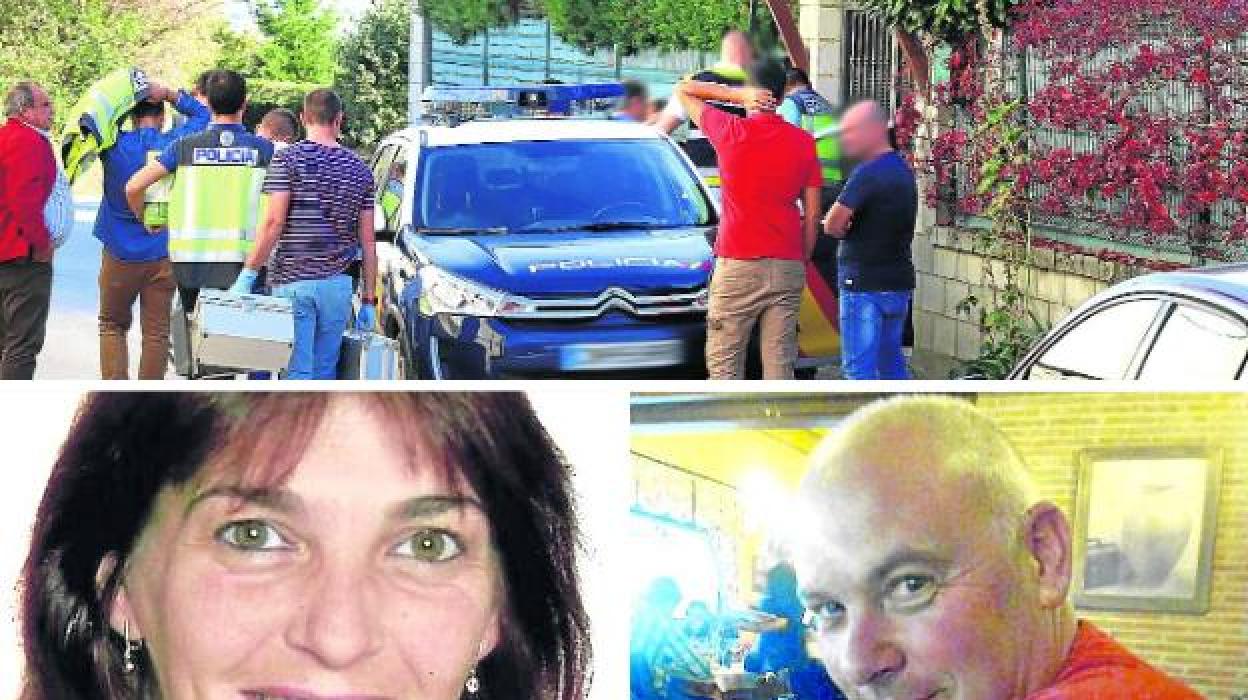 Arriba, efectivos de la Policía Nacional durante uno de los registros en el chalé de Turiso, donde se produjo el asesinato. A la izquierda, Ana Belén. Contaba 45 años cuando su ex la asesinó a martillazos. Ella había iniciado los trámites de divorcio. A la derecha, Agustín, el asesino confeso. Las policías nacionales le detuvieron en su puesto de trabajo en Mercedes. / AVELINO GÓMEZ Y E. C.