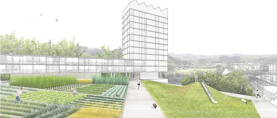 El edificio se articula en torno a un núcleo central que propone un espacio público verde y peatonal, con huertas colectivas abiertas.