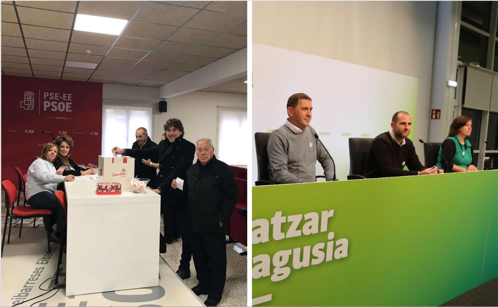Eneko Andueza, en la sede de Eibar, durante la consulta celebrada el 23 de noviembre de 2019. Otegi, Mujika y Carrere en la asamblea extraordinaria del pasado 26 de noviembre.
