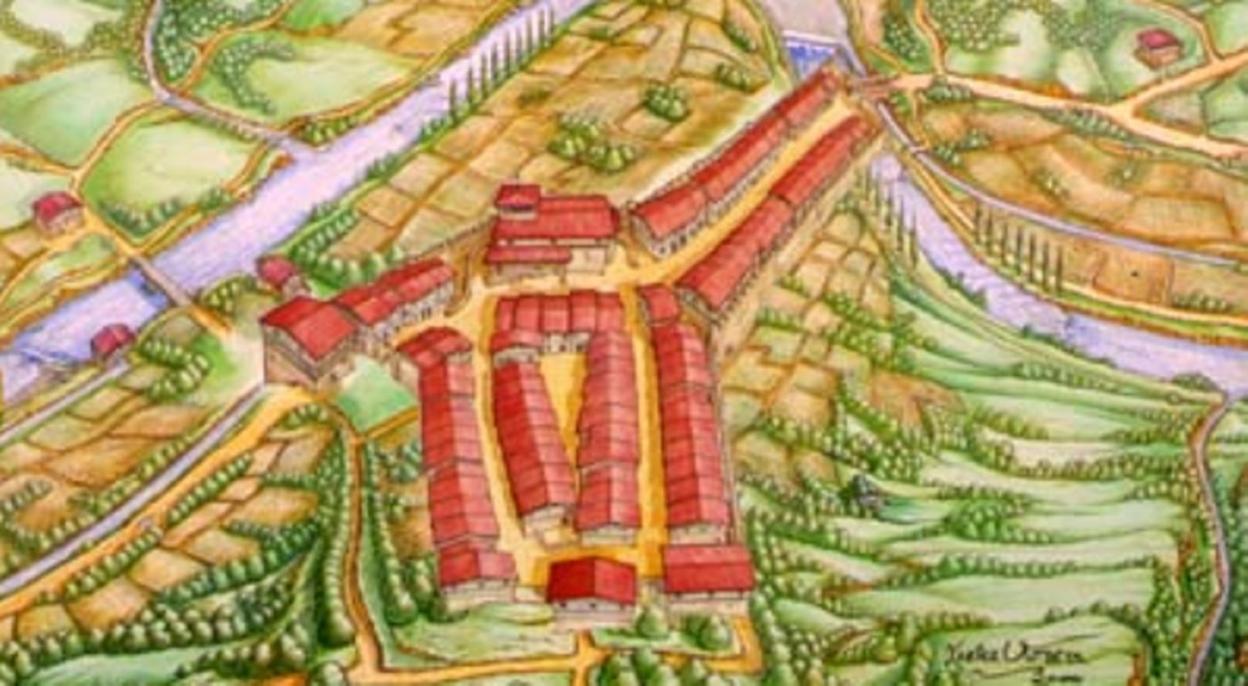 La imagen muestra un dibujo de la antigua villa edificada con torreones de protección. 