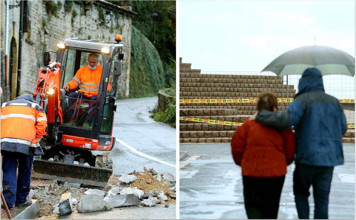 Los técnicos intentan devolver el suministro de agua a viviendas del Paseo del Faro, en cuya calzada, a la derecha, se observan las grietas. 