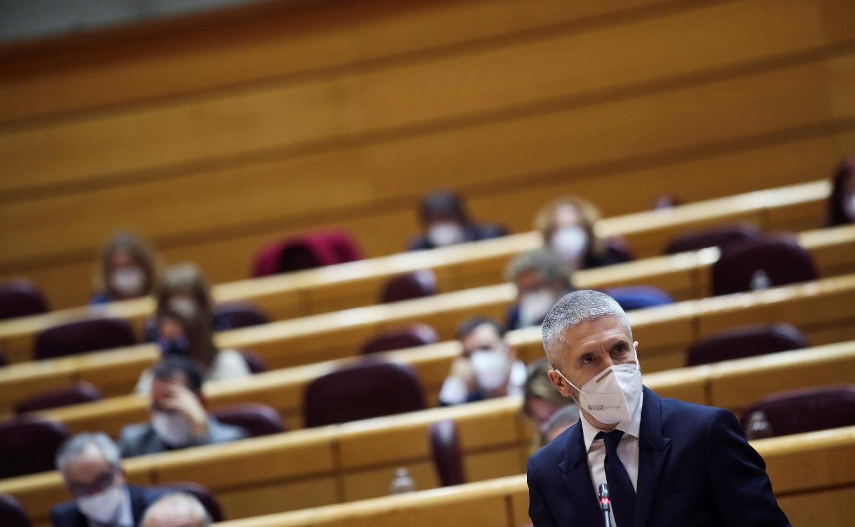El ministro de Interior, Fernando Grande-Marlaska, ayer en su comparecencia en el Senado