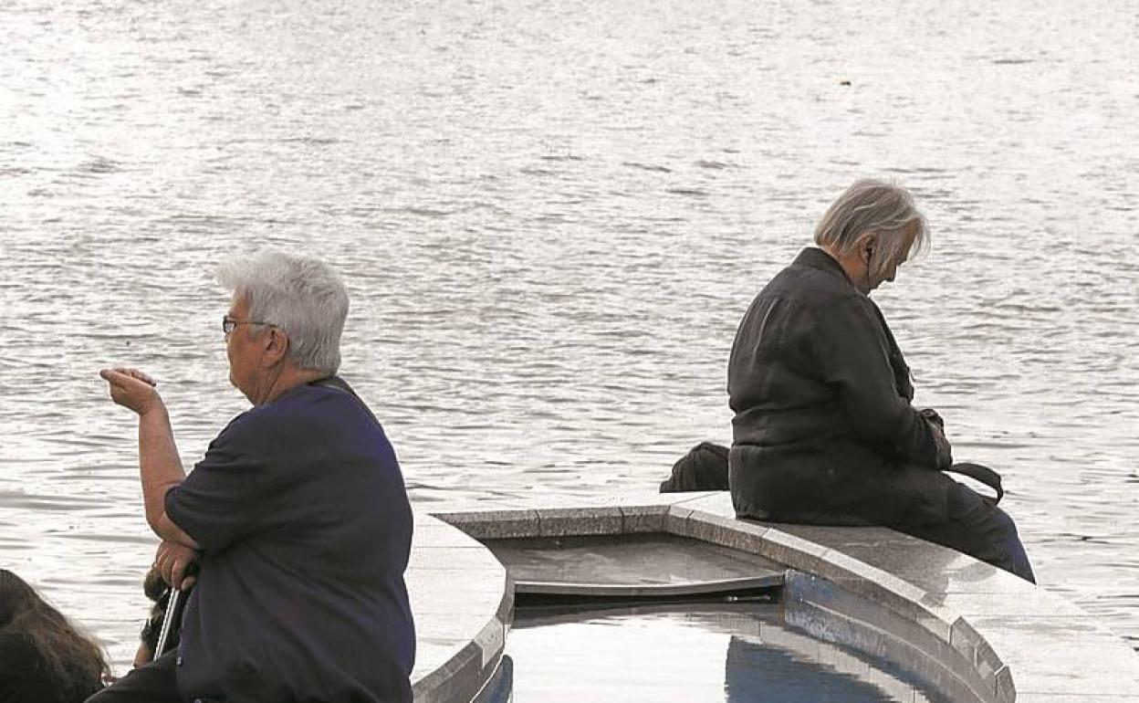 Dos personas mayores parecen reflexionar ante el mar. 