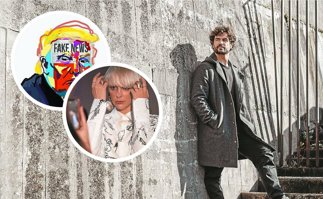 El artista, a la derecha, y sobre estas líneas algunas de sus obras y él mismo trabajando en su estudio. 