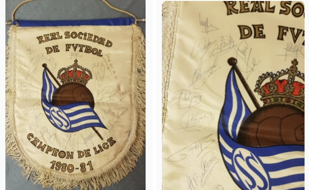 Banderin de la Real Sociedad firmado por la plantilla campeona de liga 1980-81 y 81-82. Su vendedor pide por él 1.000 euros. 