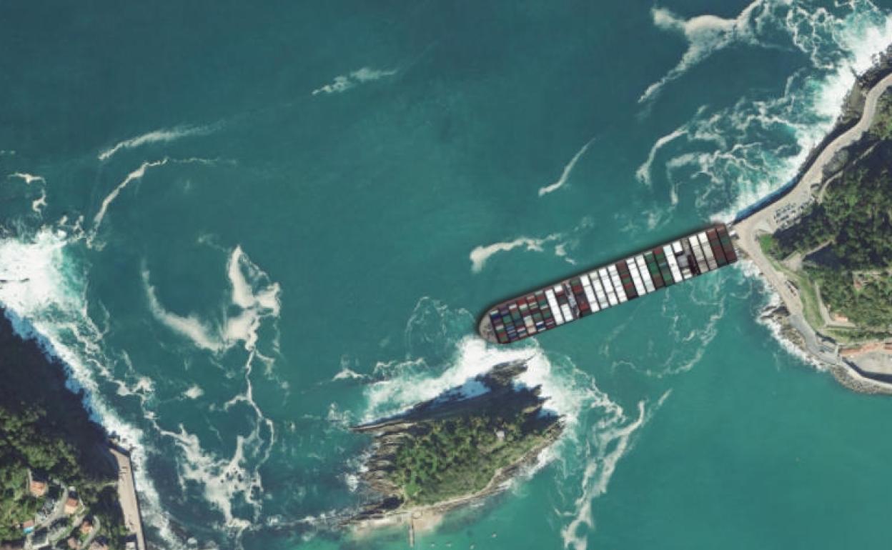 Simulación de cómo qudaría el Ever Given en la bahía de La Concha. 