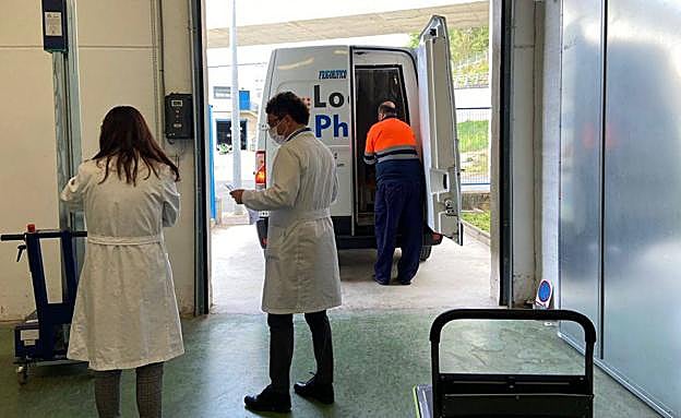 Imagen principal - Recepción de las vacunas esta mañana en la sede de Bexen en Hernani.