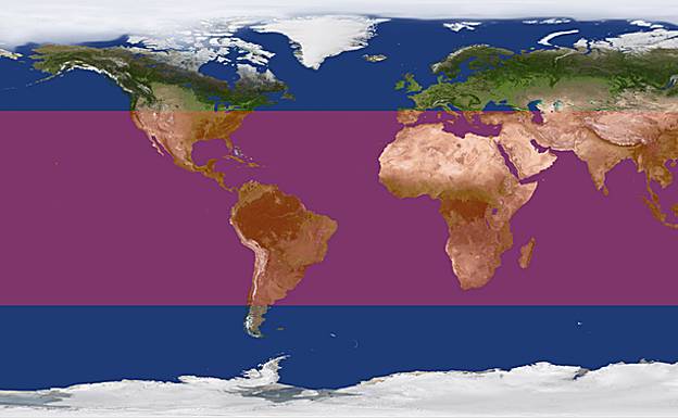 La etapa principal del cohete podría desintegrarse entre las latitudes 40º Norte y Sur. En la franja roja de este mapa.