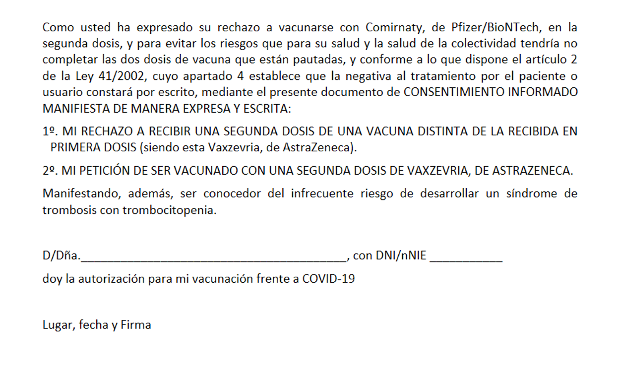 Vacunación: Descarga el consentimiento para rechazar la segunda dosis de Pfizer