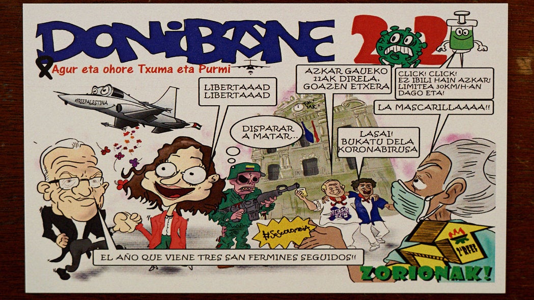 La Federación de Peñas de Pamplona ha presentado este miércoles las pancartas para los segundos 'no Sanfermines'a causa de la pandemia de coronavirus.