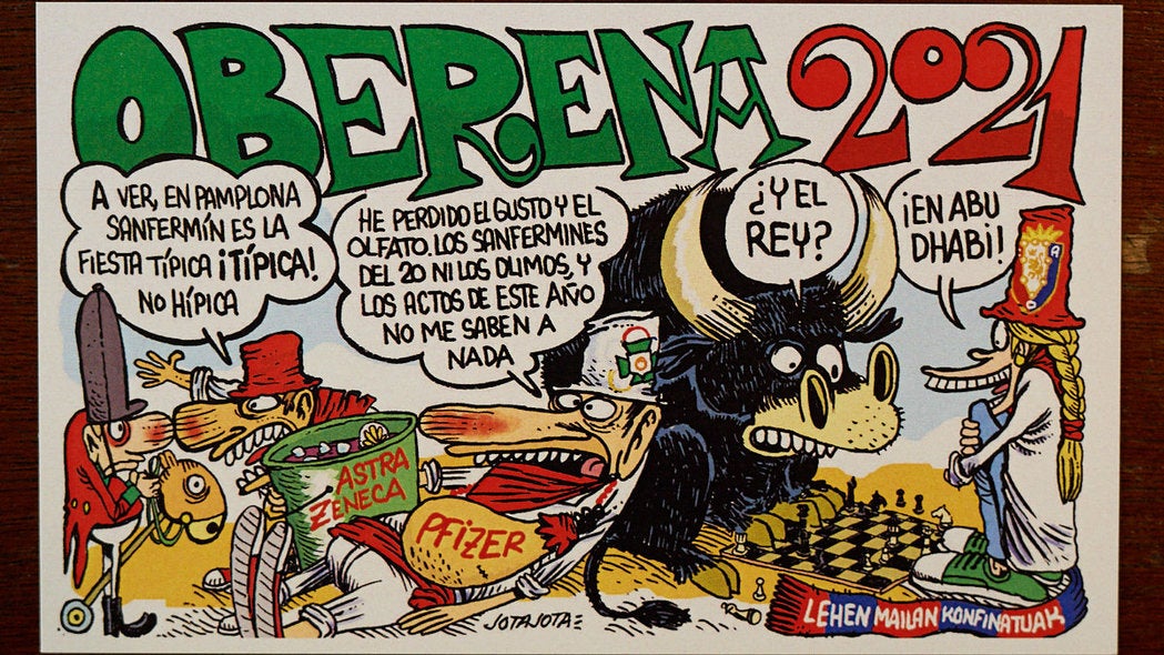 La Federación de Peñas de Pamplona ha presentado este miércoles las pancartas para los segundos 'no Sanfermines'a causa de la pandemia de coronavirus.