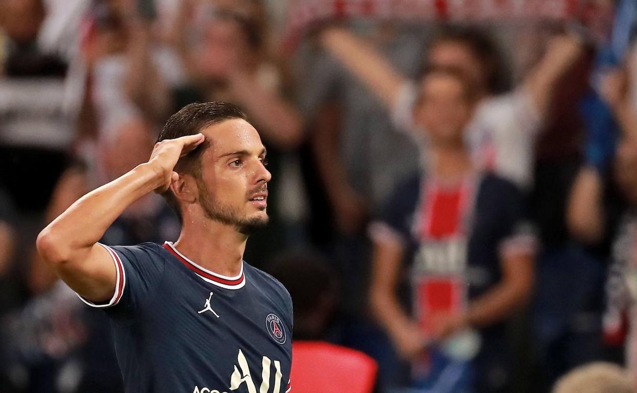 Sarabia celebra el gol que marcó ante el Strasbourg en la primera jornada de la liga francesa.