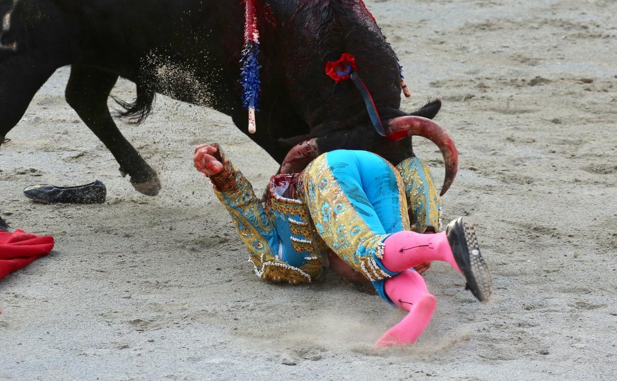 El novillero Jorge Martínez sufrió un revolcón que le dejó maltrecho y no pudo rematar una buena faena ayer en Azpeitia. 