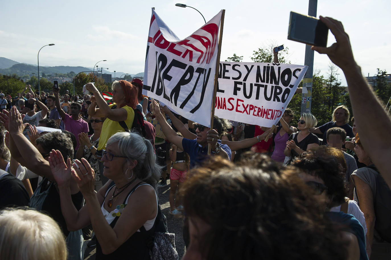 Fotos: Centenares de negacionistas se manifiestan entre Irun y Hendaia y cierran el puente de Santiago