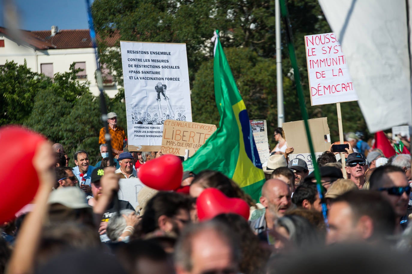 Fotos: Centenares de negacionistas se manifiestan entre Irun y Hendaia y cierran el puente de Santiago
