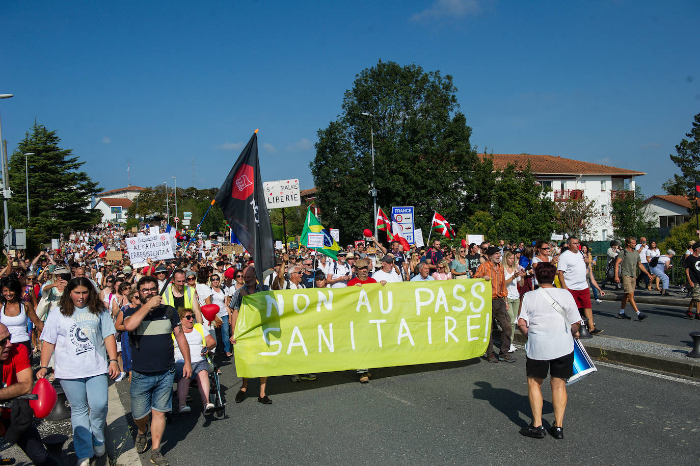 Fotos: Centenares de negacionistas se manifiestan entre Irun y Hendaia y cierran el puente de Santiago
