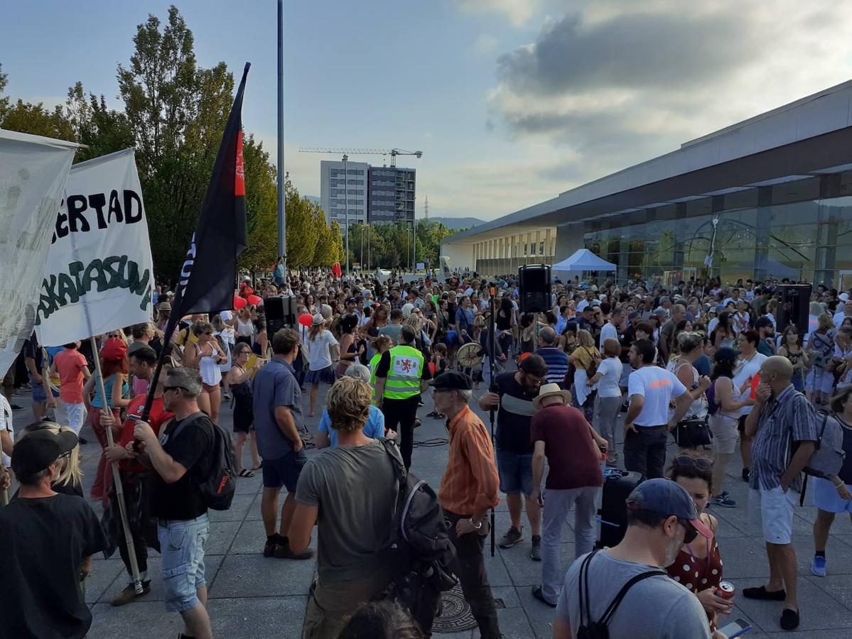 Fotos: Centenares de negacionistas se manifiestan entre Irun y Hendaia y cierran el puente de Santiago