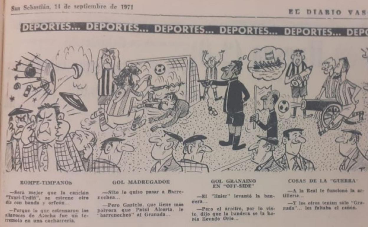 Tira cómica que refleja el estreno del 'Txuri-urdin' en Anoeta.