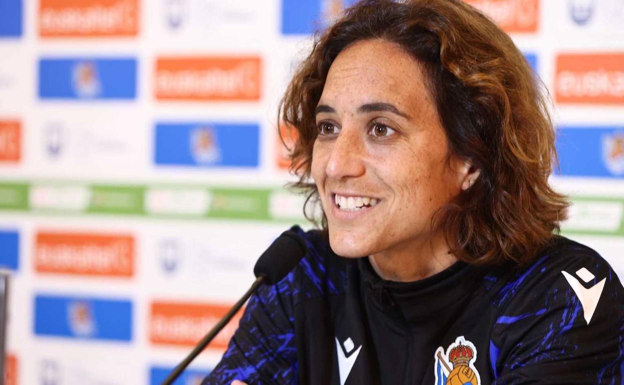 La entrenadora de la Real Sociedad, Natalia Arroyo, durante la rueda de prensa previa al partido del Levante. 