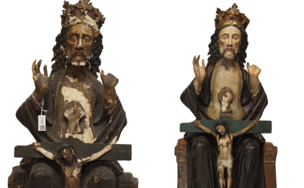 Antes y después. Aspecto de la 'Trinidad de Lezo' tal y como se encontraba almacenada y como luce ahora, tras la restauración.