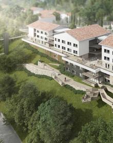 Imagen secundaria 2 - La residencia, en el barrio Kalezar de Usurbil, estará lista para finales de 2022. La superficie donde se encuentra el centro tiene 12.017 metros cuadrados. Por la parte trasera, donde están las unidades psicogeriátricas, el edificio tiene vistas al valle del Oria. 