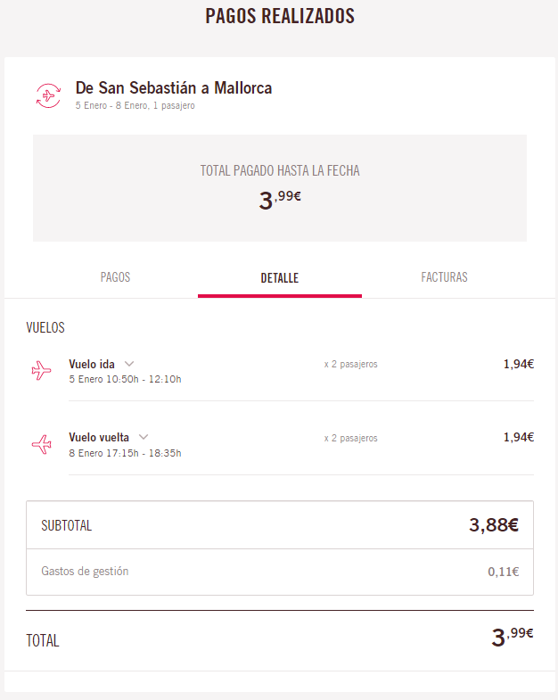 Detalle de la compra de dos billetes para viajar de Donostia a Mallorca con la oferta de 1 euro