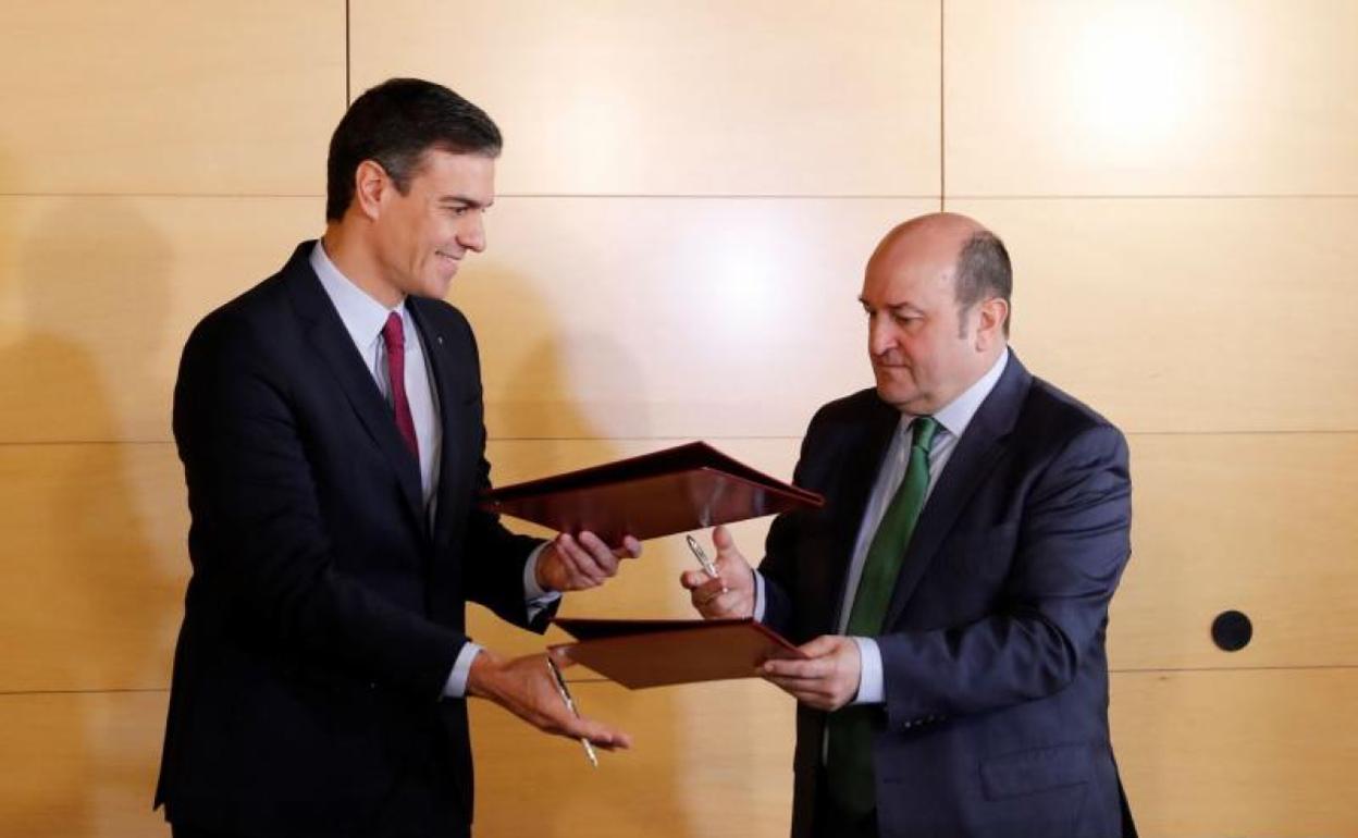 Pedro Sánchez y Andoni Ortuzar, en la firma de su acuerdo de investidura hace dos años en Madrid.