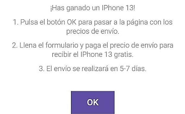 Pantalla del formulario fraudulento para los ganadores de un Iphone 13