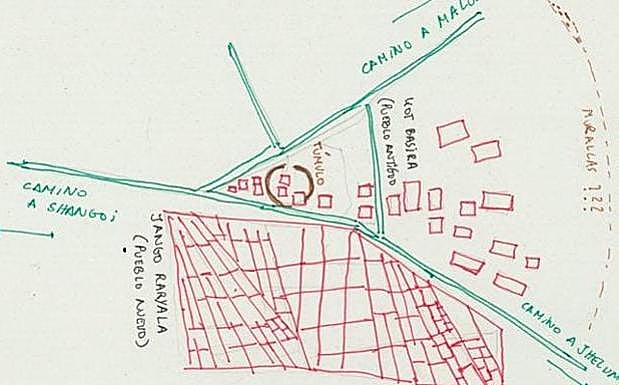 Plano dibujado a mano por Miguel Gutiérrez sobre el terreno