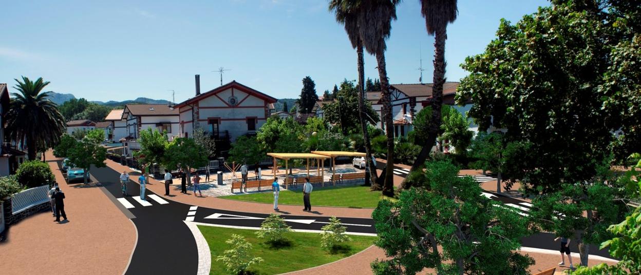 Infografía de la plaza Florencio Iracheta, con una zona de estancia, una pequeña pérgola y aparatos de gimnasia para mayores. 