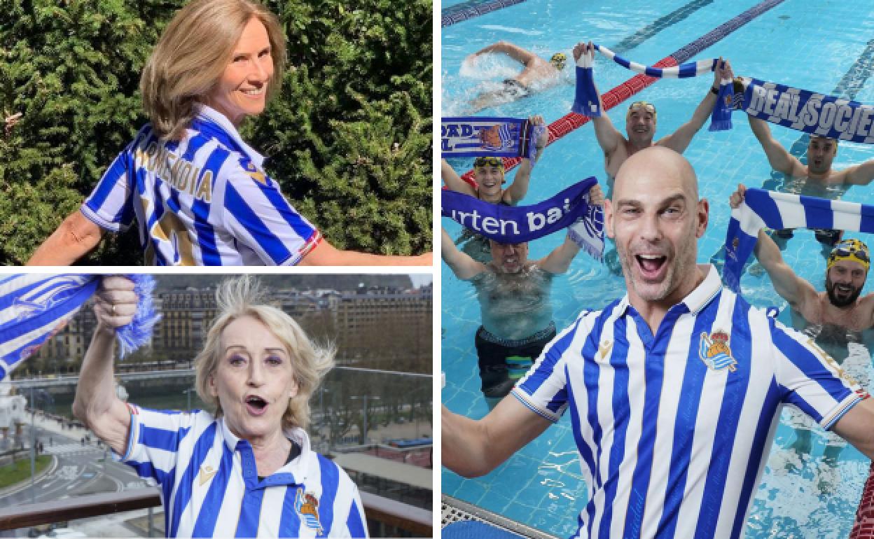 Cristina Garmendia, Mila Beldarrain y Richard Oribe con la camiseta txuri urdin días antes de la final de Copa
