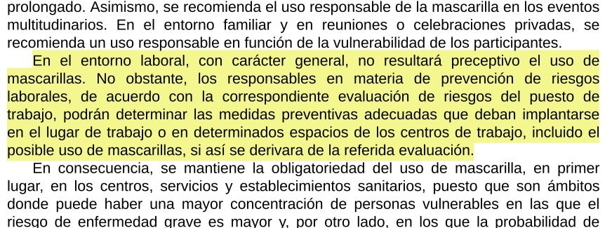 Extracto del BOE destacado sobre el uso de la mascarilla en el trabajo.