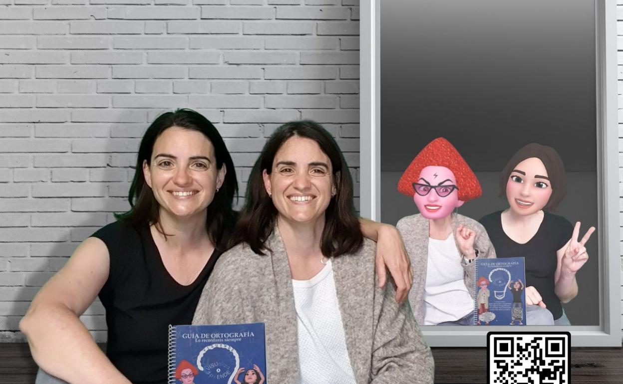Fátima y Nuria Ostolaza, con la guía de ortografía que han creado y los dos personajes de los vídeos explicativos.