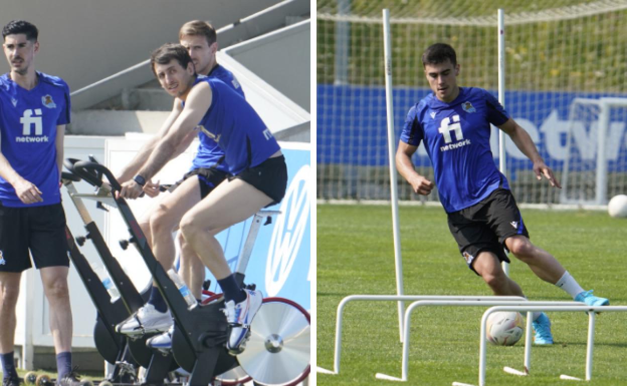 Oyarzabal, sobre la bici estática, y Barrenetxea tocando balón, este miércoles por la mañana