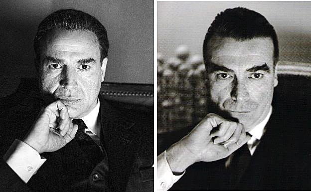 Alberto San Juan en 'Balenciaga' junto a una foto real del modisto de Getaria.