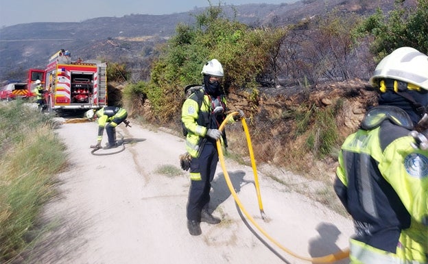 Bomberos del parque donostiarra en tareas de extinción de uno de los incendios de Navarra.