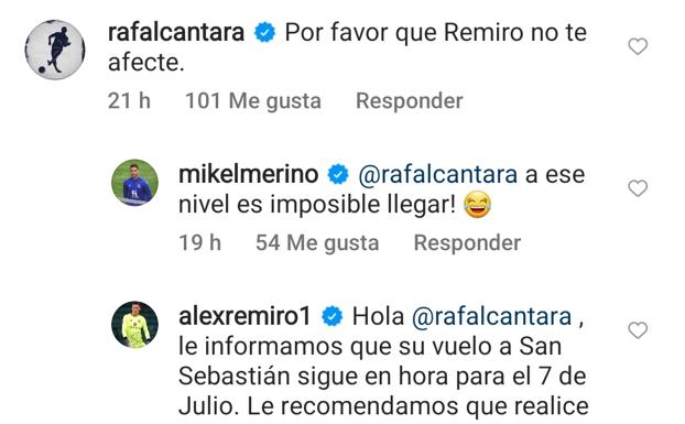 Pantallazo de la conversación en Instagram entre Rafinha, Merino y Remiro.