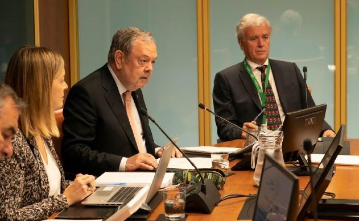 El consejero de Hacienda, Pedro Azpiazu, durante la comisión de hoy en el Parlamento Vasco.
