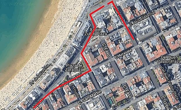 Ese es el recorrido que tendrán que realizar los coches para acceder a los parkings cuando Zubieta, desde la altura de la plaza Zaragoza, sea solo para autobuses y taxis. 