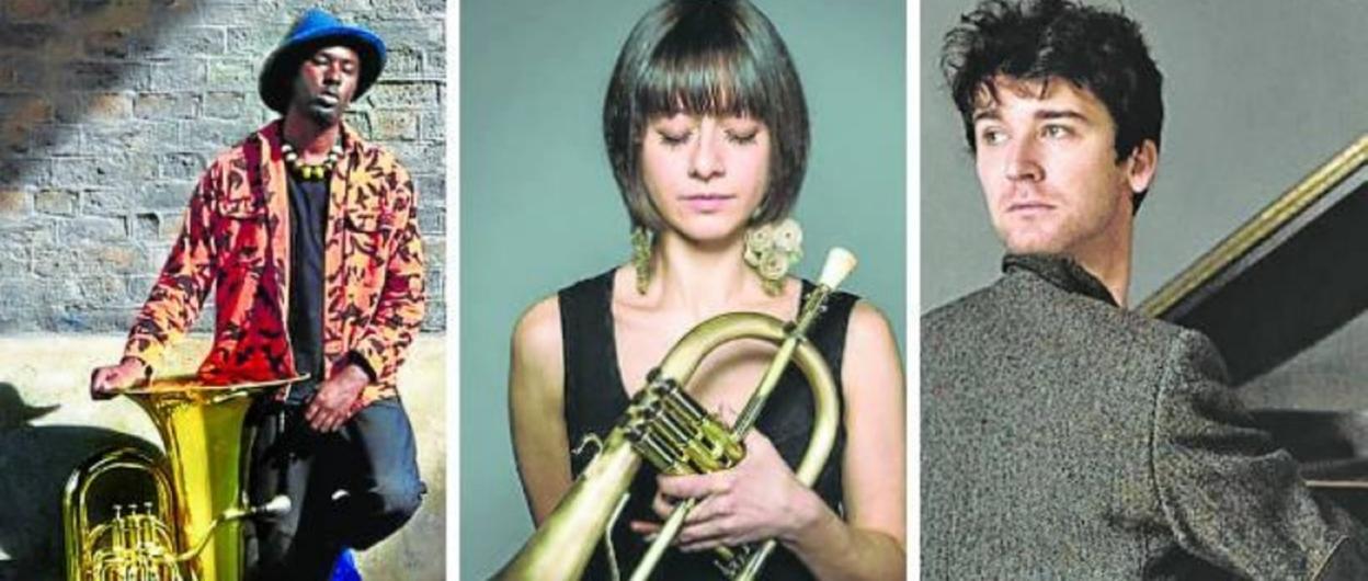 Theon Cross con su tuba, Yazz Ahmed con su fiscornio y Marcin Masecki con su piano. 