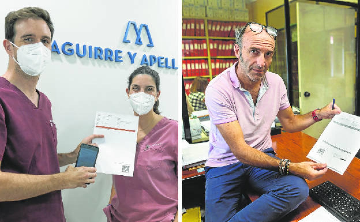 El abogado irundarra José Mecoleta y los dentistas Borja Apellániz y Nuria Infante, muestran sus facturas.