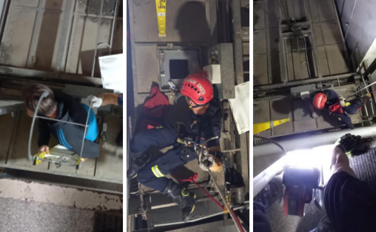 Tres momentos de actuación de los bomberos.