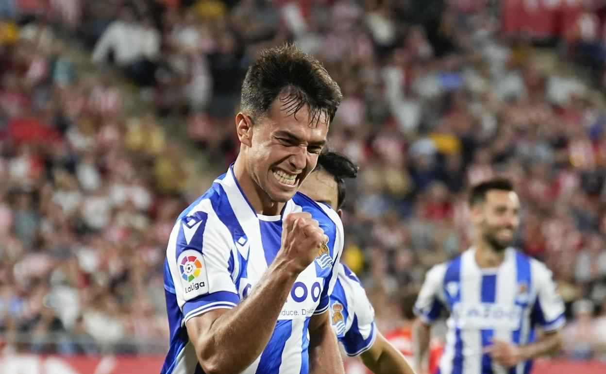 Zubimendi celebra el gol marcado en Girona el domingo. 