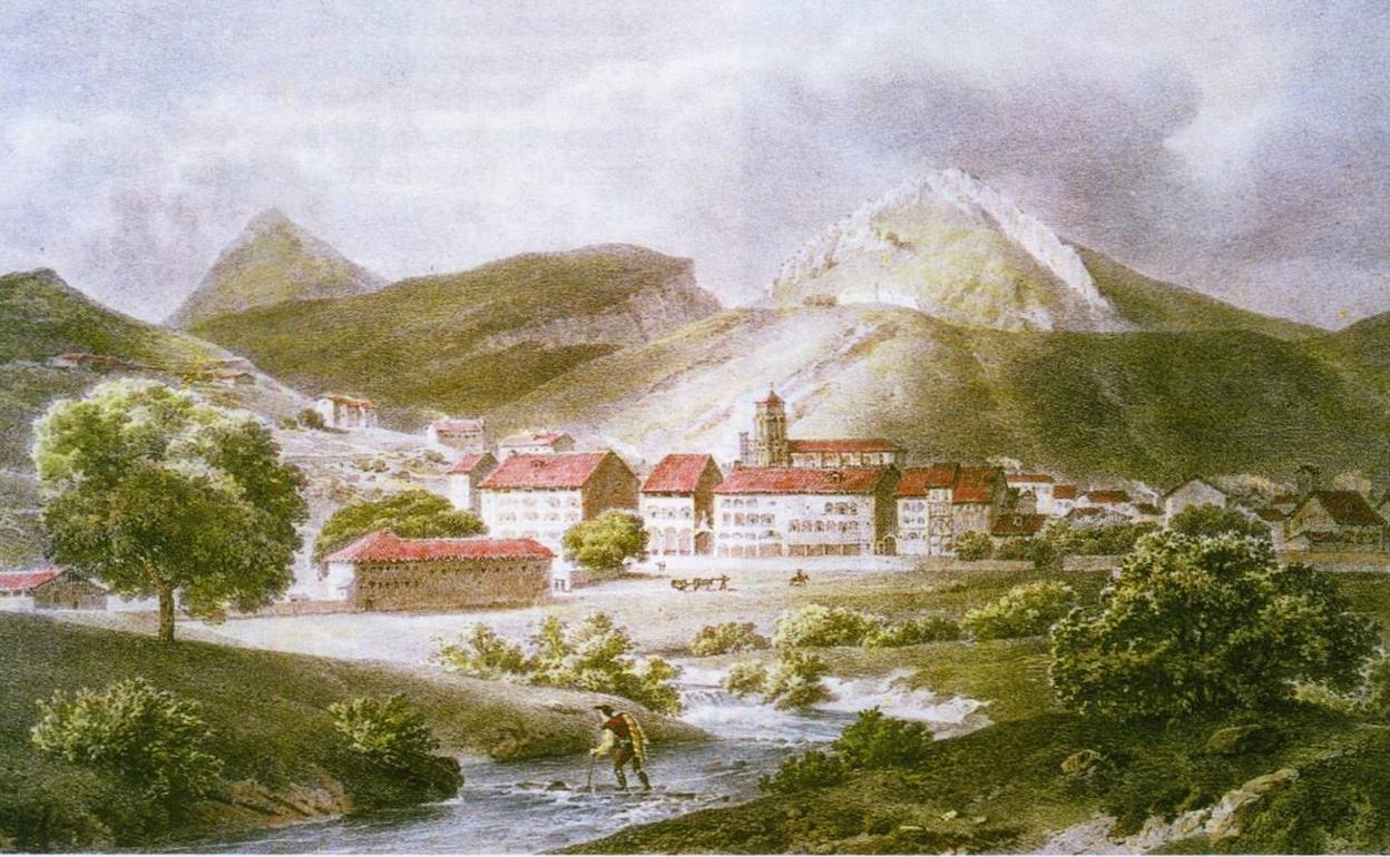 Vista panorámica de Mondragón en un grabado francés fechado en 1823. 
