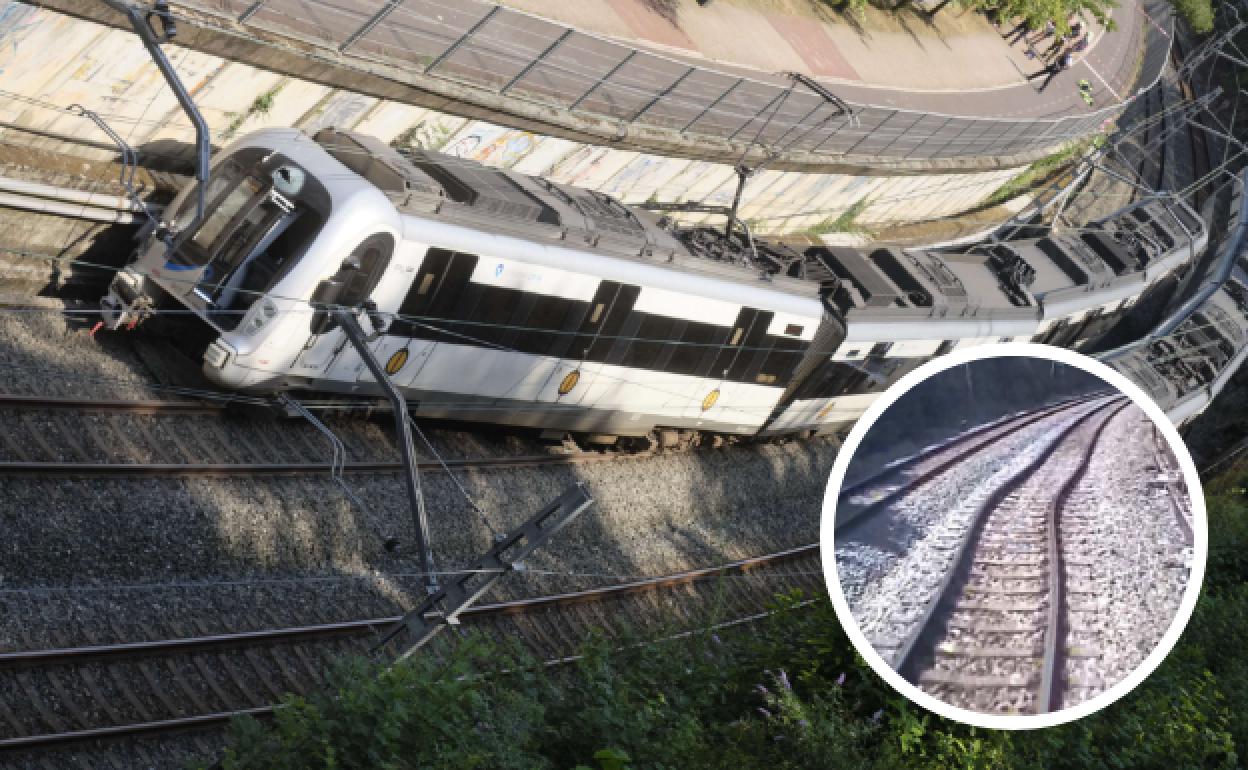 El topo descarrilado el 18 de julio y el detalle de la desviación de la vía.