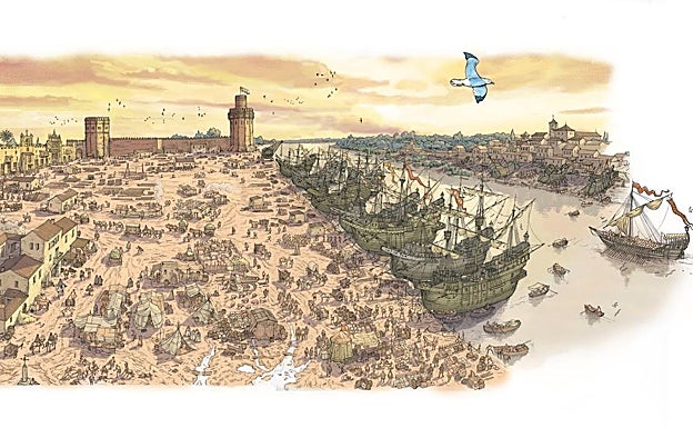Ilustración del barrio de El Arenal, en la margen izquierda del Guadalquivir, en 1519. 